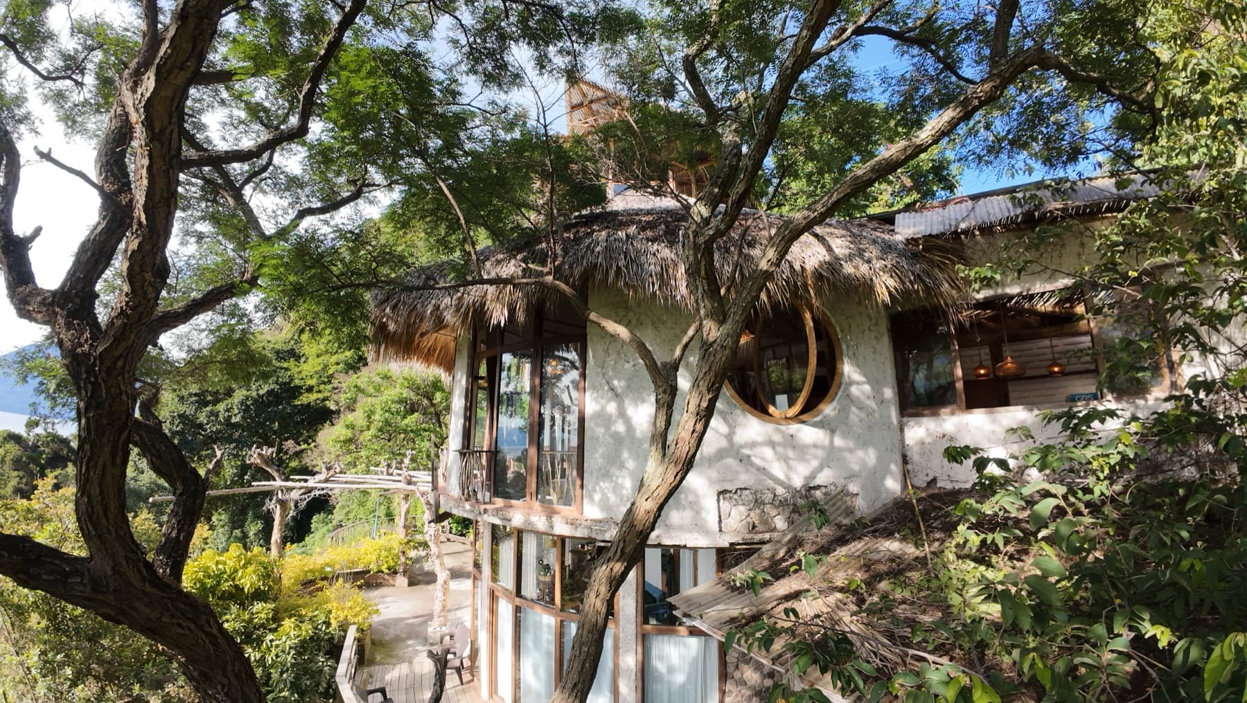 El Taller's round, thatched-roof exterior among the trees at the Hill of Dreams estate