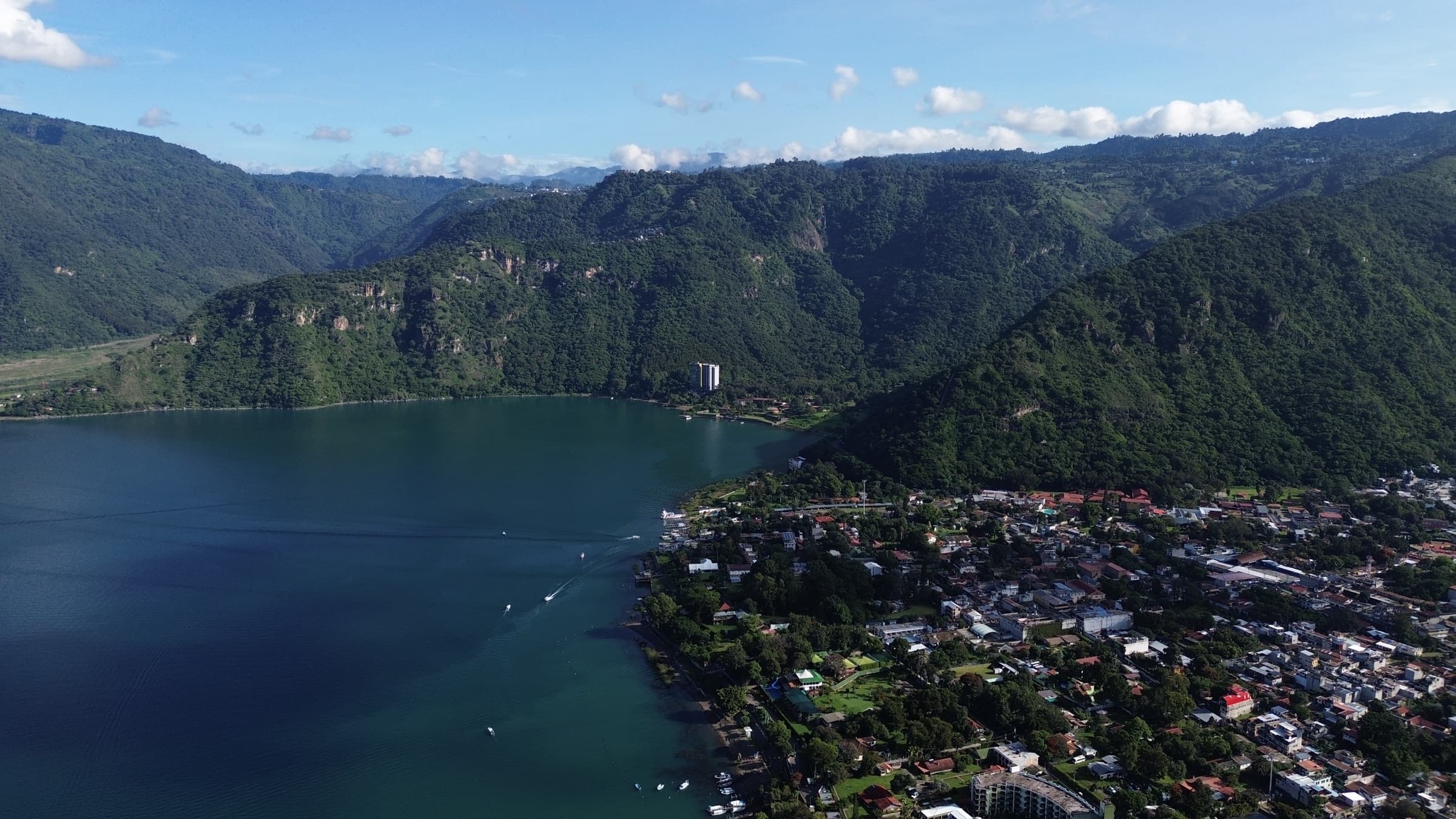 Aerial view of a lakeside town on Lake Atitlán, Guatemala